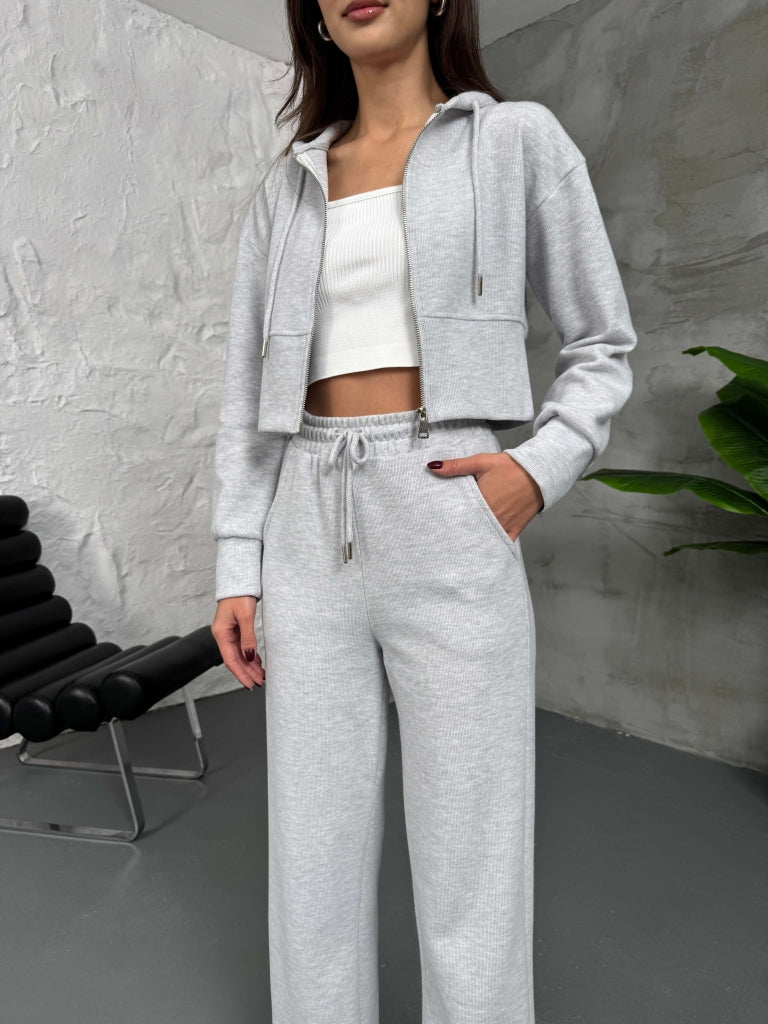 Gri Ön Fermuarlı Kapüşonlu Selanik Takım EY2030-Gri