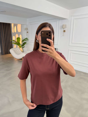 Açık Kahverengi Bisiklet Yaka Basıc Tshirt 6597-Açık Kahverengi