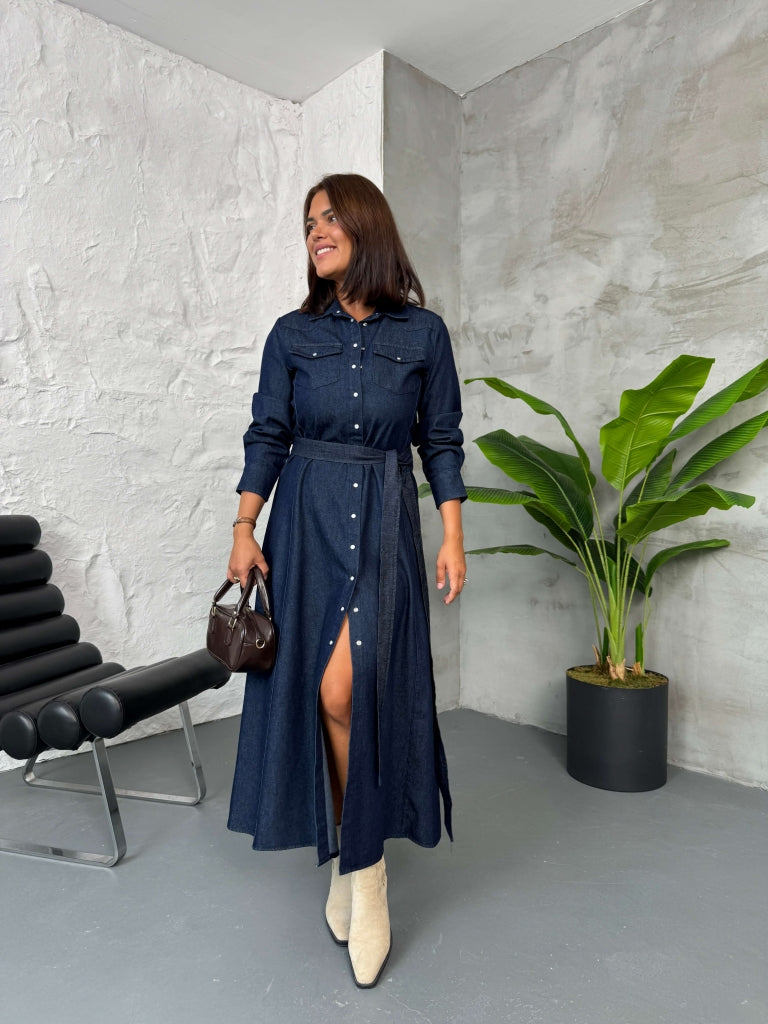 Lacivert Boydan Çıtçıtlı Kuşaklı Denim Elbise