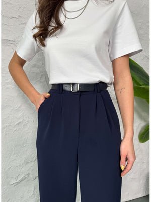 Lacivert Çift Pileli Kemerli Pantolon 3851-LACİVERT