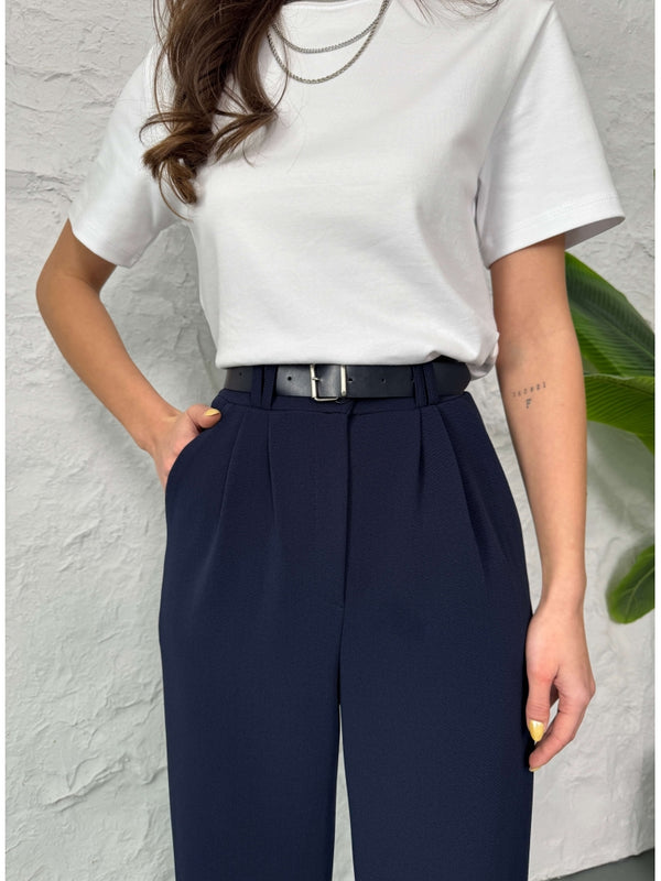 Lacivert Çift Pileli Kemerli Pantolon 3851-LACİVERT