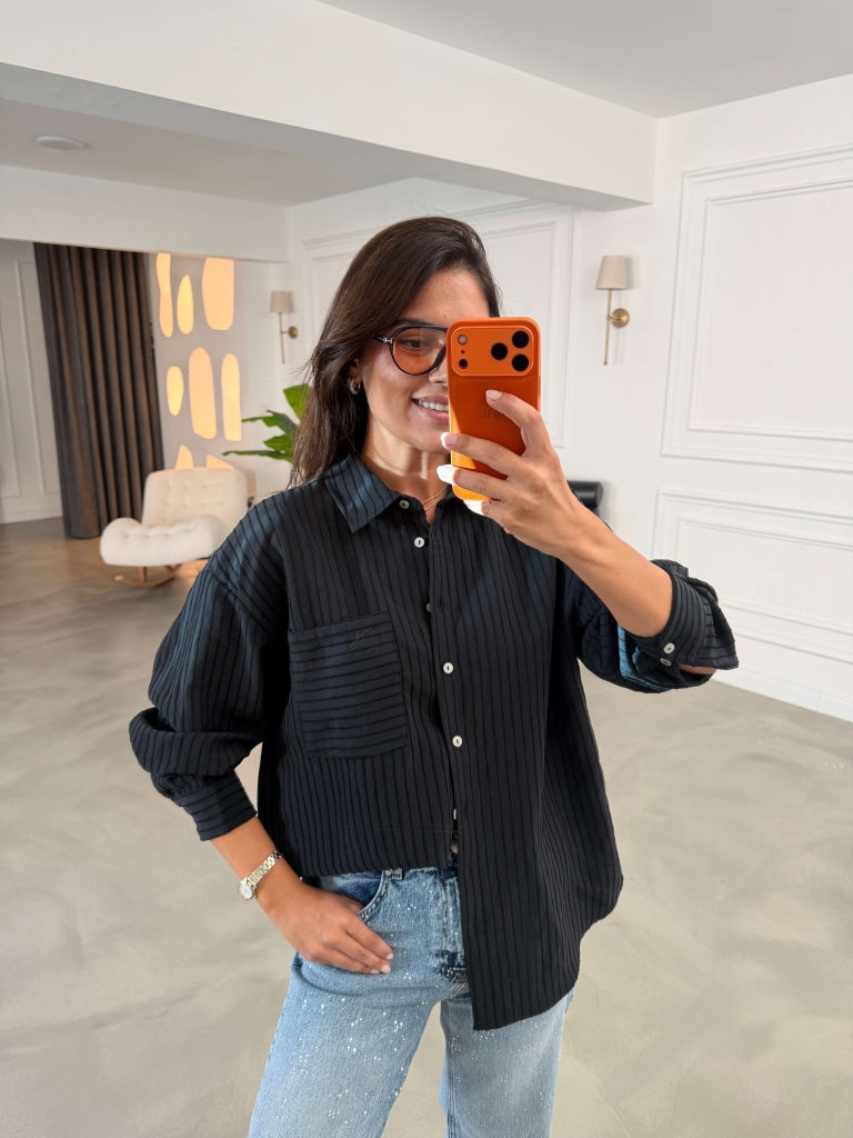 Siyah Fitilli Oversize Gömlek 5000-Siyah