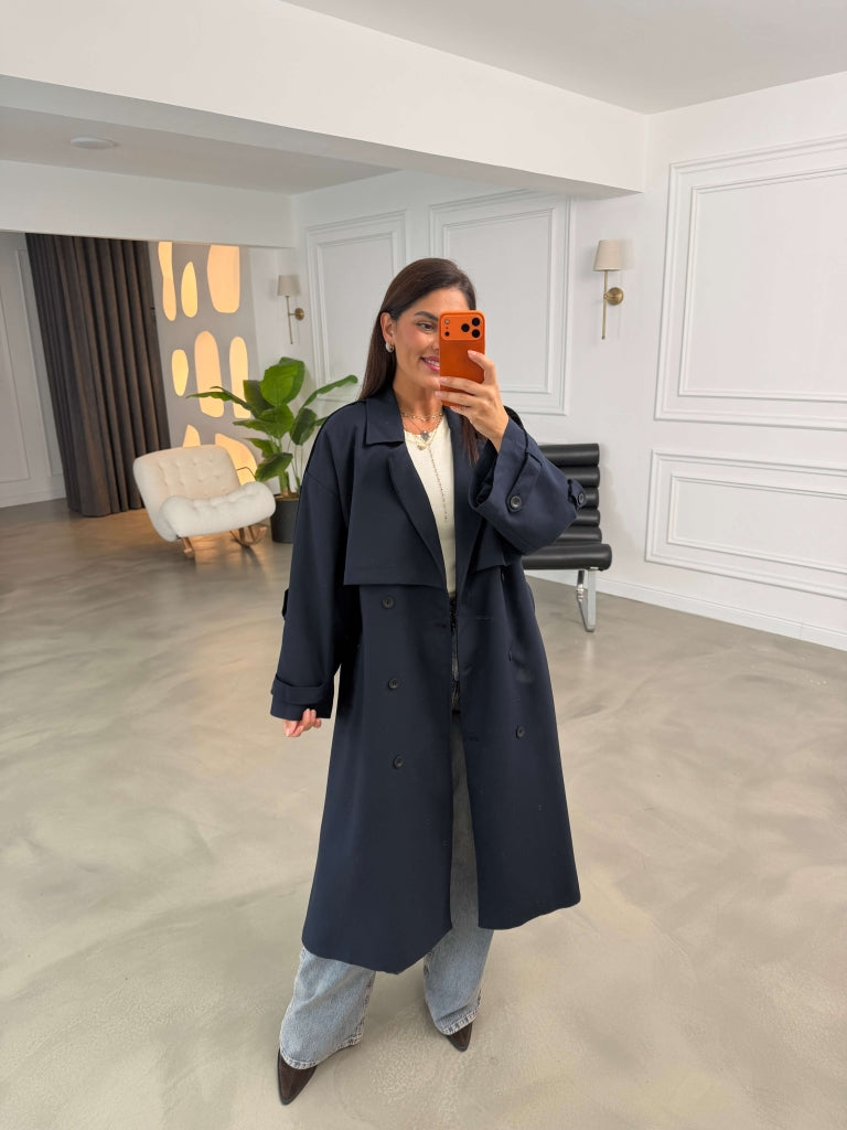 Lacivert Kruvaze Detaylı Oversize Trençkot 9476-LACİVERT