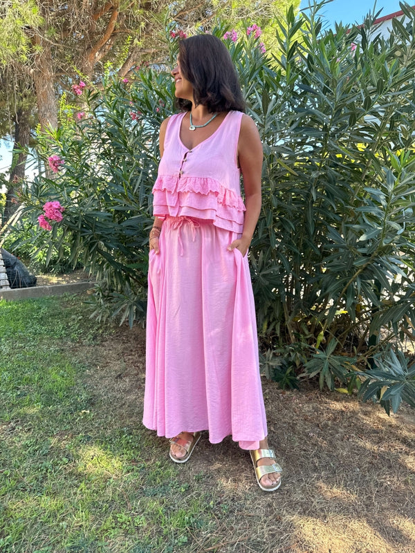 Pembe Güpür Detaylı Etek Bluz Takım