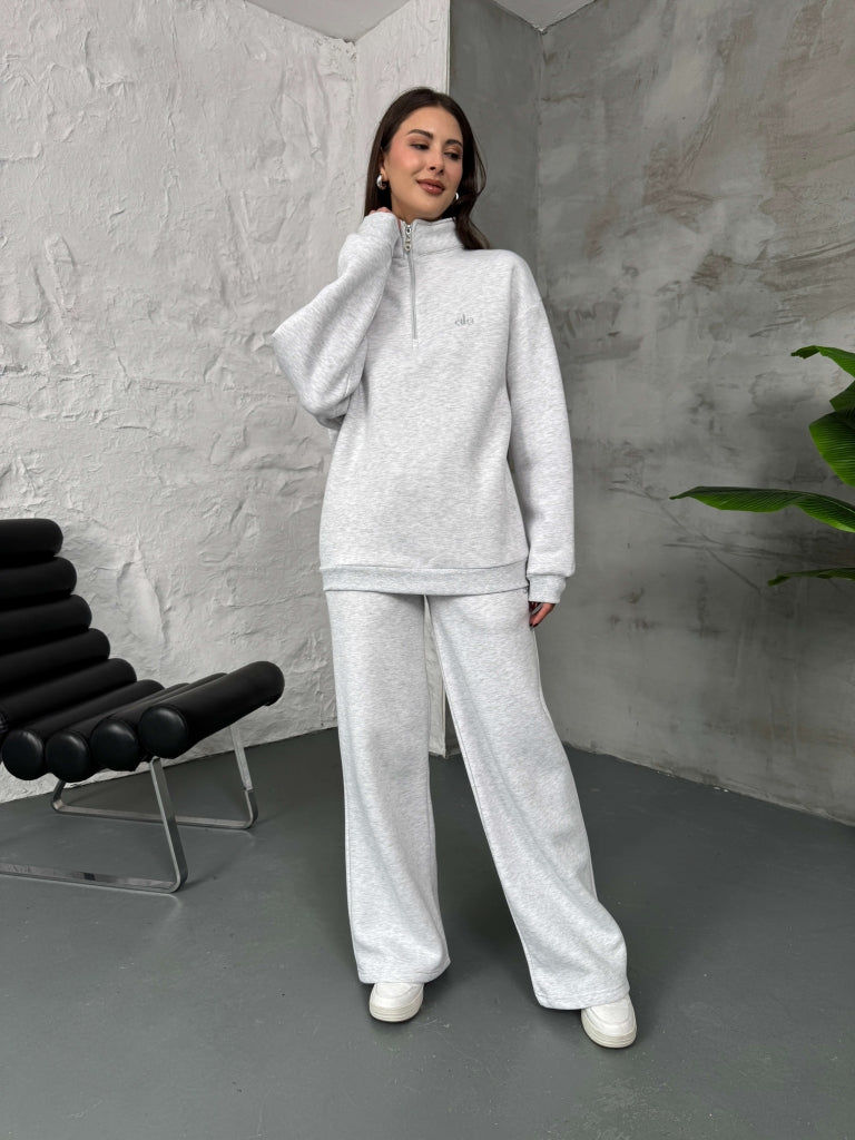 Gri Yarım Fermuarlı Şardonlu Sweat Takım