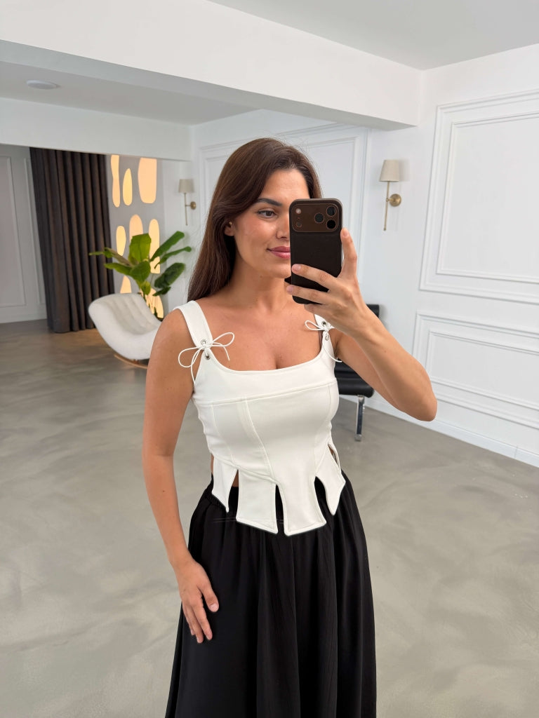 Ekru Fermuarlı Tasarım Crop 1112-Ekru