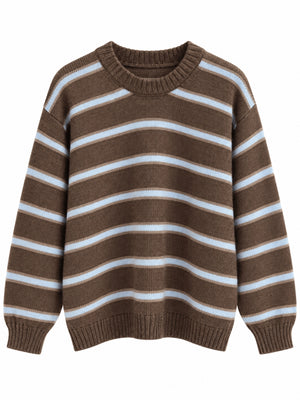 Kahverengi Üç Çizgili Oversize Kazak 2754-Kahverengi