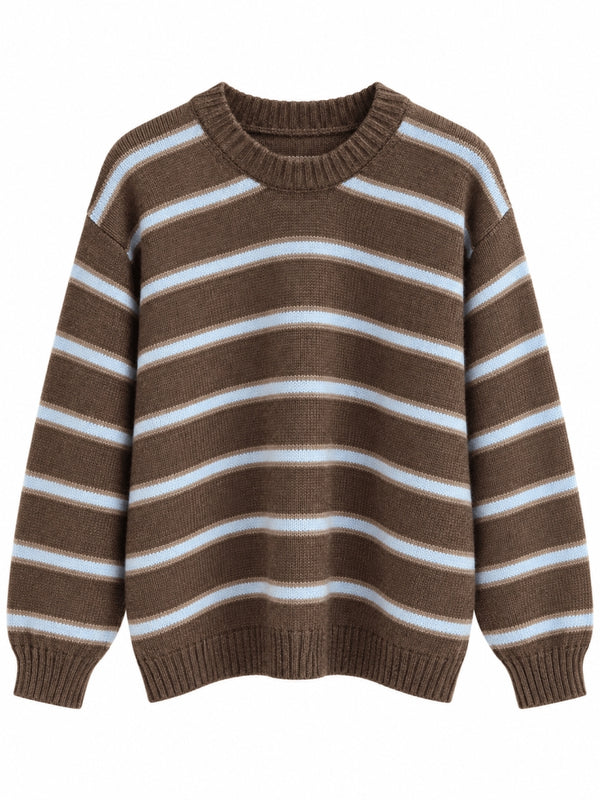 Kahverengi Üç Çizgili Oversize Kazak 2754-Kahverengi