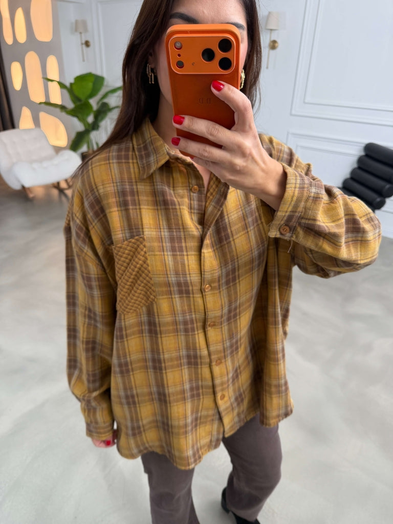 Açık Hardal Ekoseli Cepli Oversize Gömlek 5163-Açık Hardal