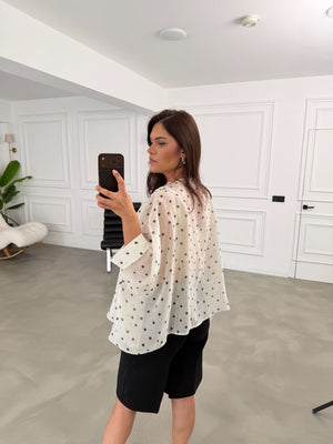 Beyaz Puantiyeli Tencel Pelerin Bluz EY5088-Beyaz