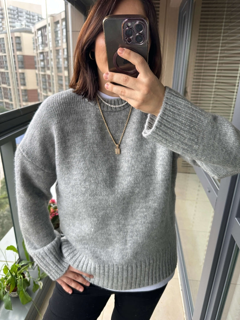 Gri Bisiklet Yaka Oversize Kazak