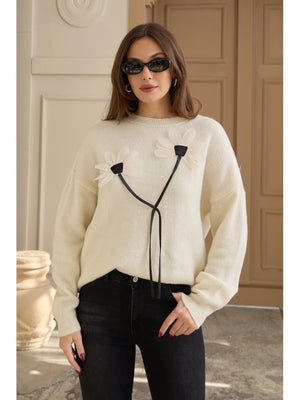 Ekru Keten Çiçekli Oversize Kazak