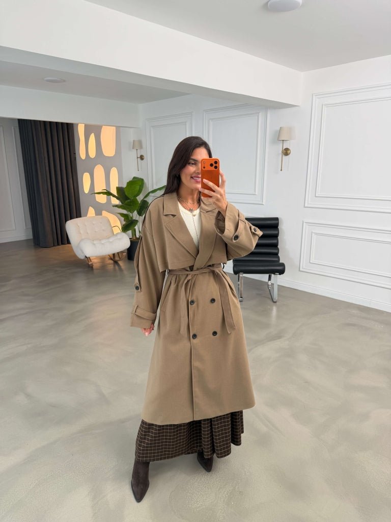 Camel Kruvaze Detaylı Oversize Trençkot 9476-CAMEL