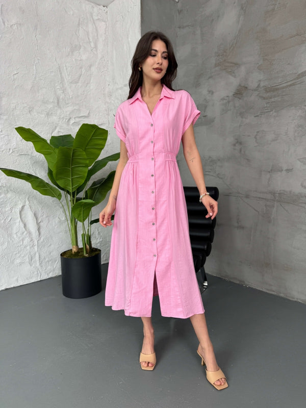 Pembe Bel Lastikli Çilek Elbise 7010-Pembe