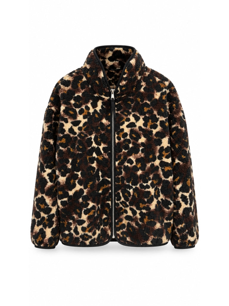Leopar Ön Fermuarlı Peluş Sweat 22889-Leopar