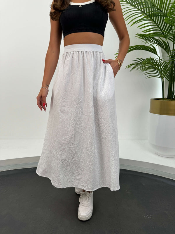 Beyaz Beli Lastikli Midi Etek 12374-BEYAZ