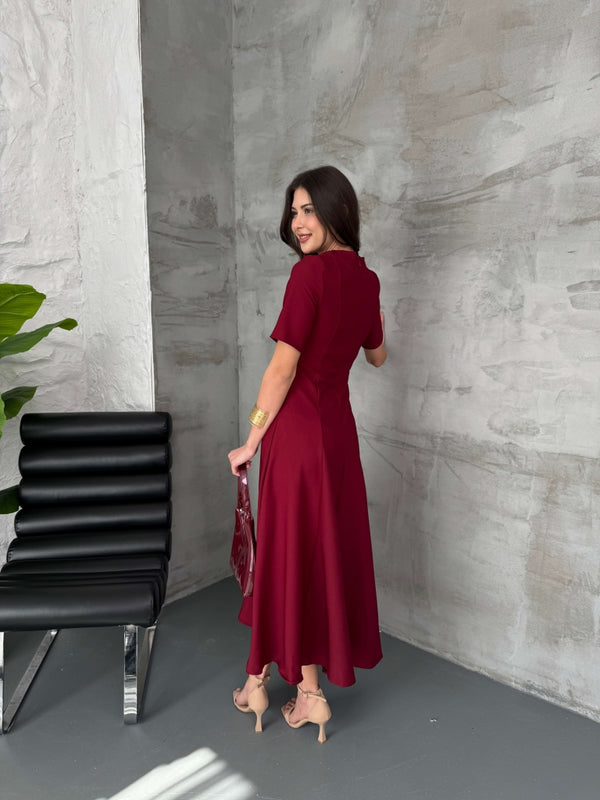 Bordo Maxi Boy Volanlı Elbise