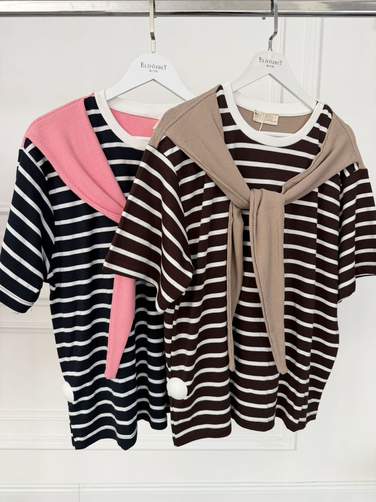 Kahve Fularlı Çizgili Tshirt 58499-Kahve