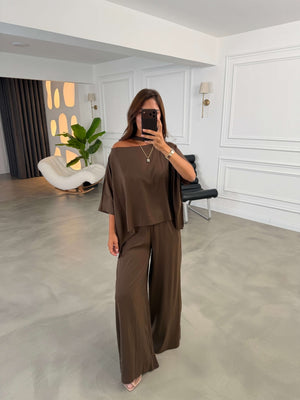 Kahve Yarasa Kol Şal Yaka Takım 51363-Kahve
