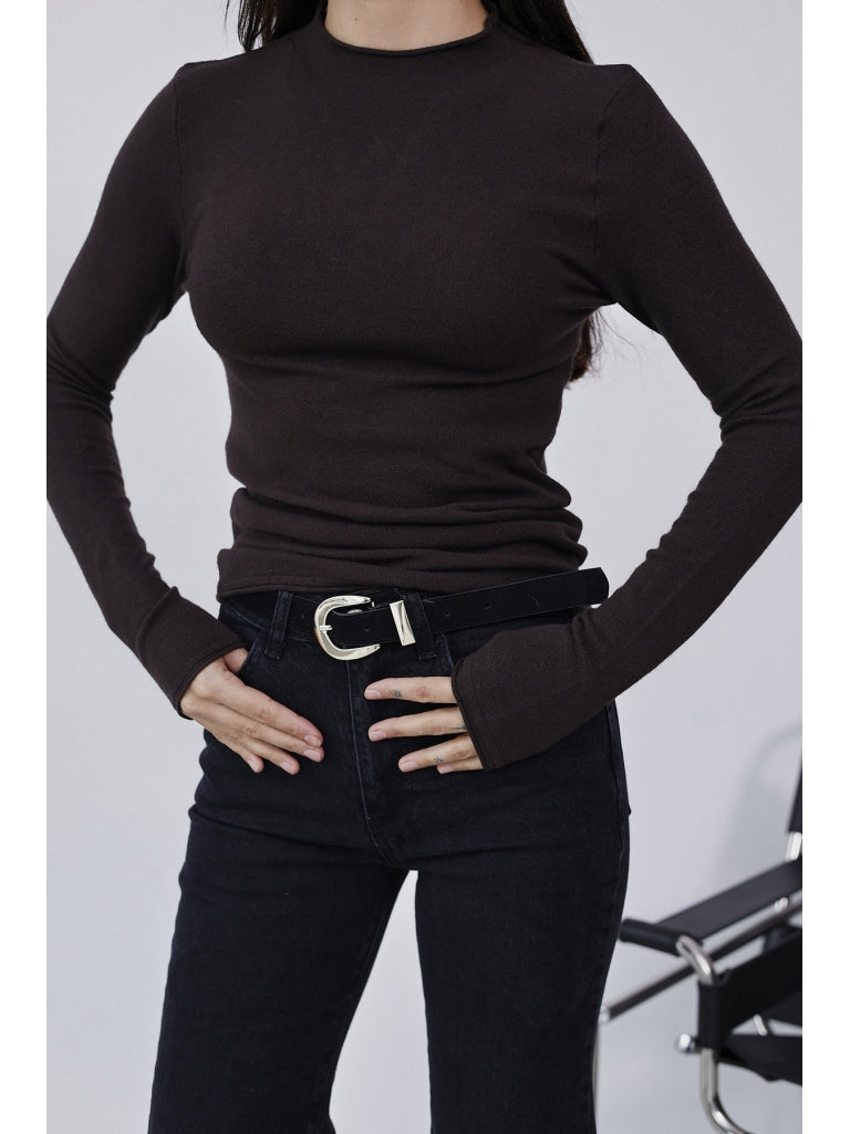 Dilvin Kahve Dik Yaka Kaşmir Bluz 10841-Kahverengi