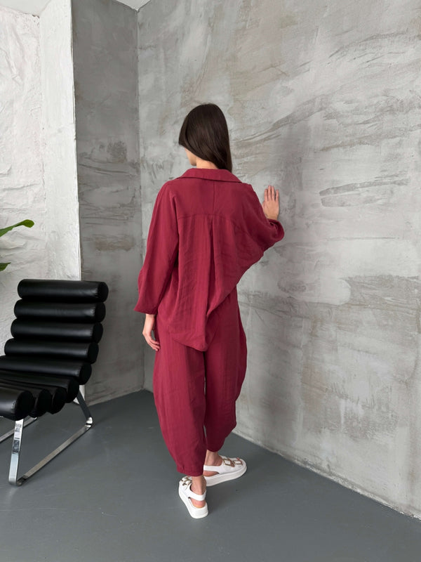 Bordo Tensel Gömlek Pantolon Takım