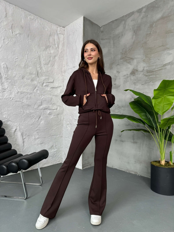 Acı Kahve Dikiş Detay Fermuarlı Sweat Takım