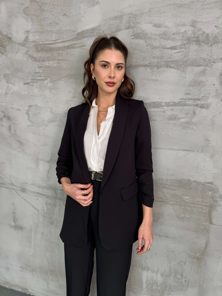 Siyah Şal Yaka Kolu Büzgülü Blazer Ceket