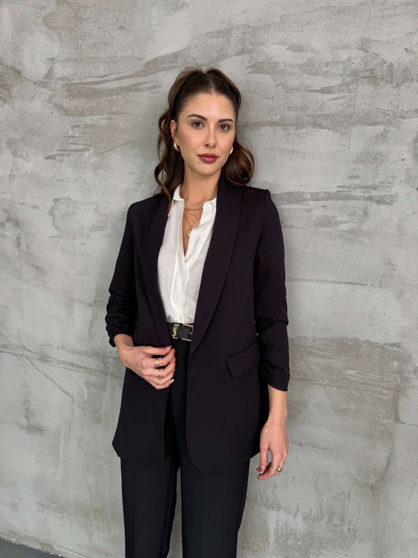 Siyah Şal Yaka Kolu Büzgülü Blazer Ceket