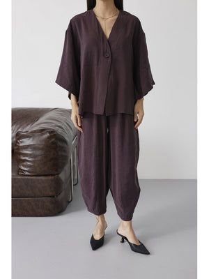 Mürdüm Tek Düğmeli Bluz Pantolon Takım 51189-Mürdüm