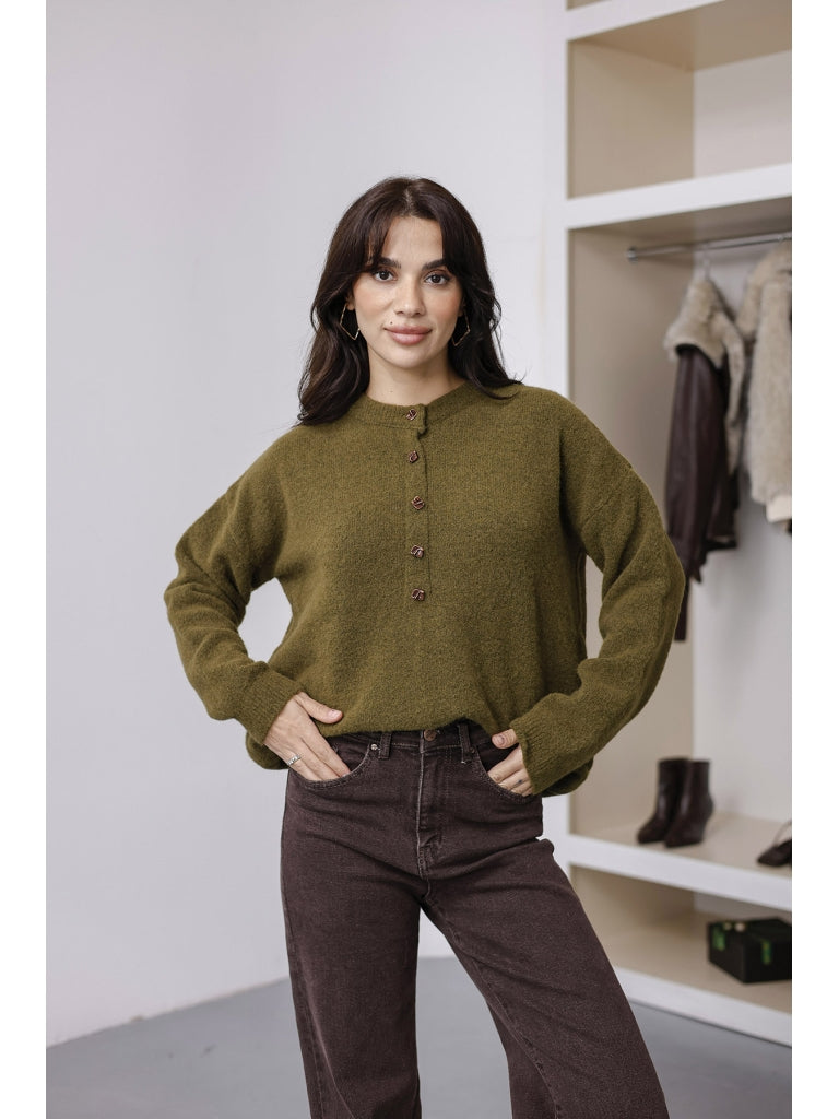 Haki Yarım Düğmeli Triko Kazak 2464-Haki