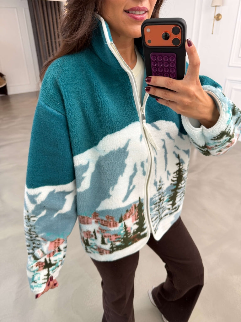 Yeşil Ön Fermuarlı Peluş Sweat 22889-Yeşil