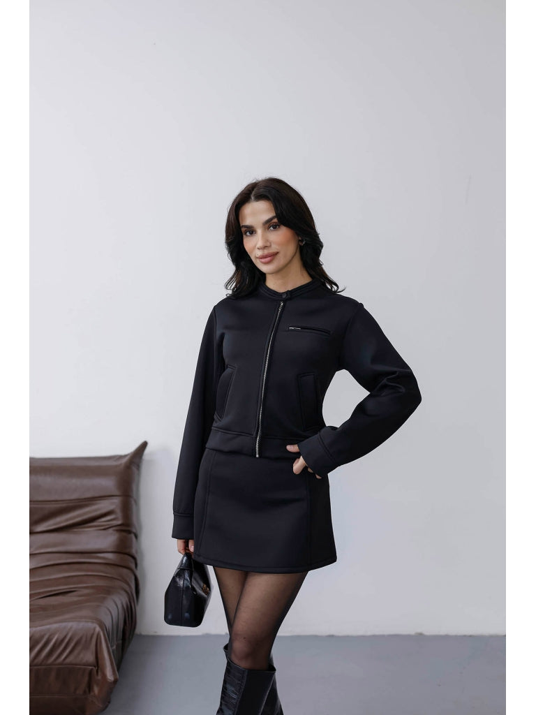 Siyah Scuba Cep Detaylı Etek Takım 0126-Siyah