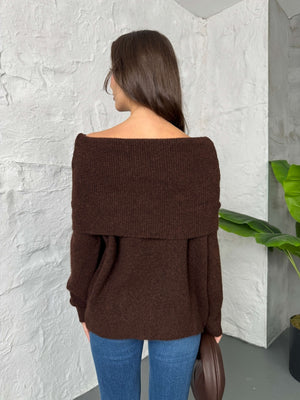 Acı Kahve Açık Yaka Baklava Desen Kazak 2530-Acı Kahve