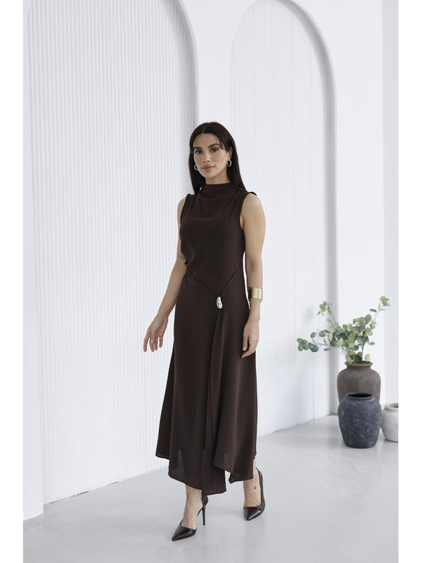 Kahve Toka Detaylı Yırtmaçlı Elbise 0805-KAHVE