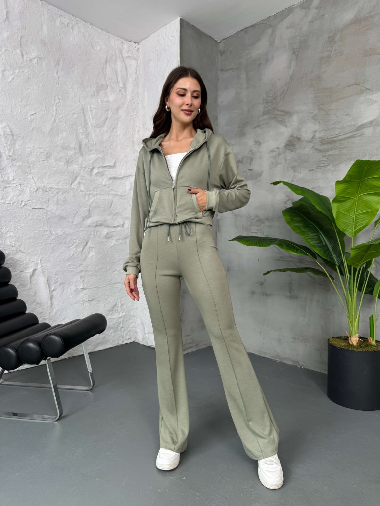 Haki Dikiş Detay Fermuarlı Sweat Takım