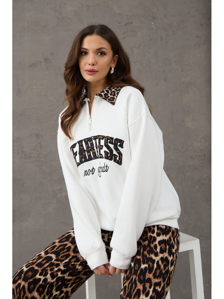Beyaz Leopar Nakışlı Polo Yaka Sweat