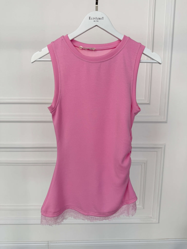 Pembe Sıfır Kol Yan Büzgülü Dantelli Bluz 4257-Pembe