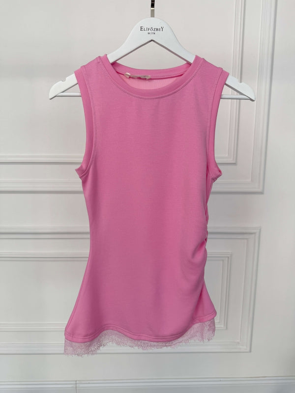 Pembe Sıfır Kol Yan Büzgülü Dantelli Bluz 4257-Pembe