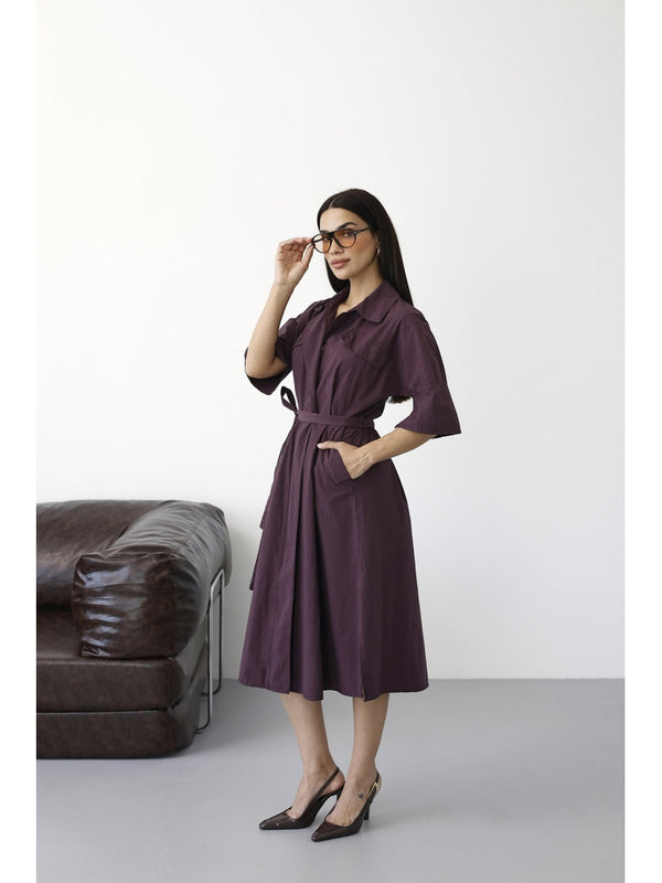 Mürdüm Önden Fermuarlı Kuşaklı Elbise 0049-Mürdüm