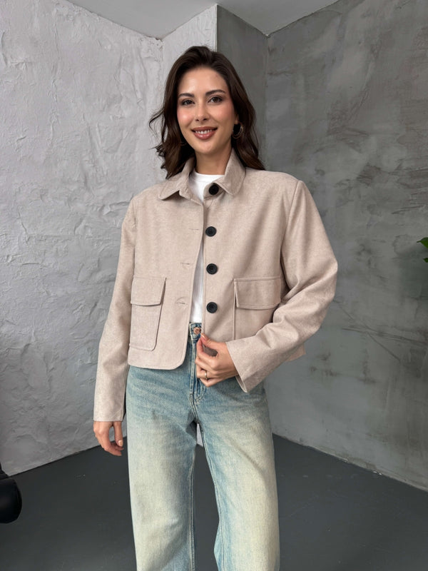 Taş Cepli Süet Kısa Ceket 9486-Taş