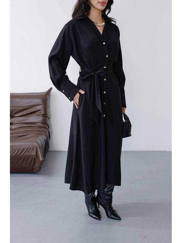 Siyah Beli Pileli Kemerli Elbise 8254-Siyah