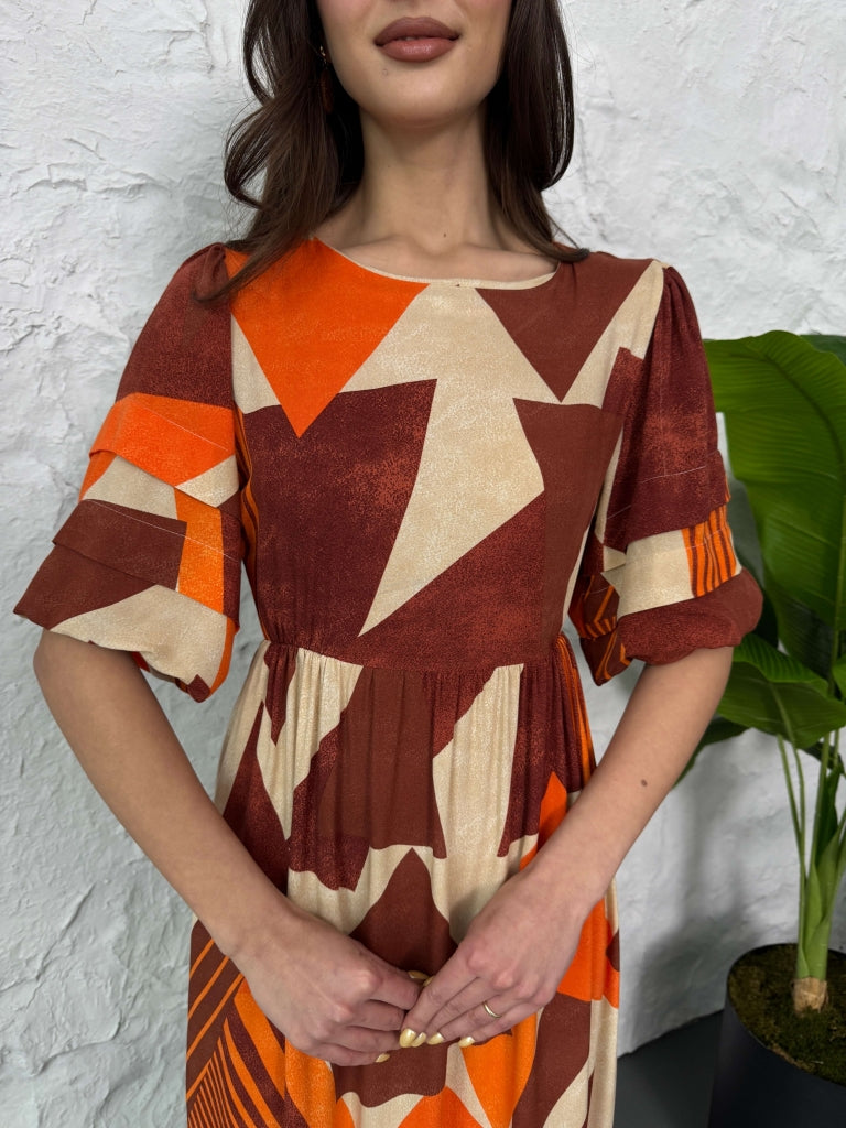 Orange Balon Kol Geometrik Desenli  Elbise