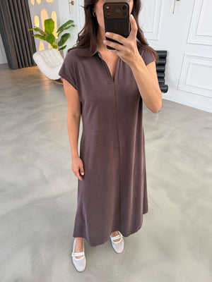 Kahve Polo Yaka Biyeli Modal Elbise 2393-Kahve