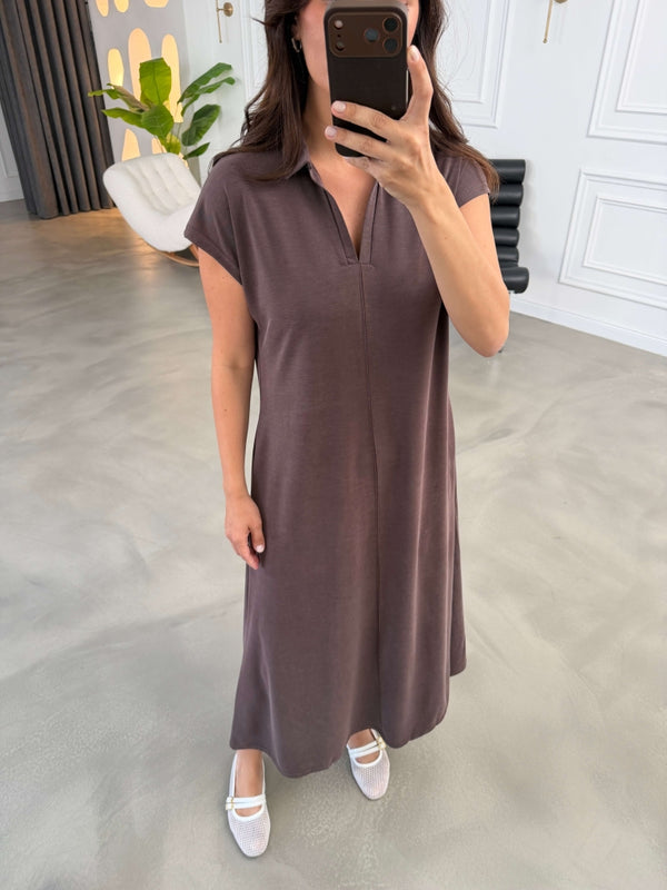 Kahve Polo Yaka Biyeli Modal Elbise 2393-Kahve