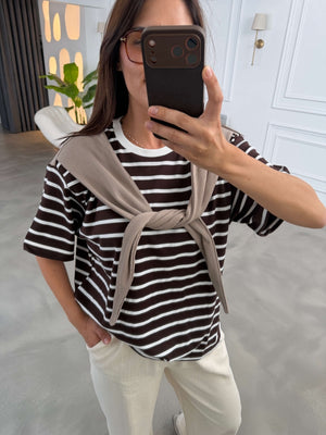 Kahve Fularlı Çizgili Tshirt 58499-Kahve