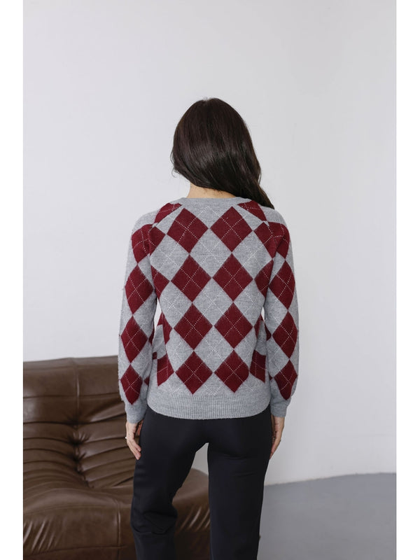 Bordo Baklava Desen Yumuşak Kazak 2319-Bordo