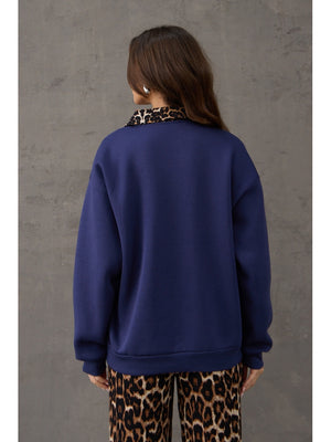Lacivert Leopar Nakışlı Polo Yaka Sweat
