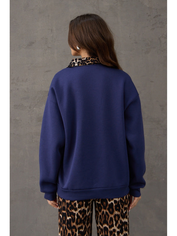 Lacivert Leopar Nakışlı Polo Yaka Sweat