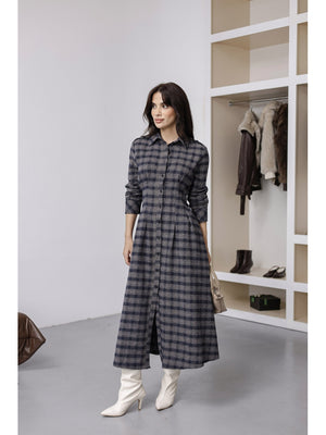 Vizon Lacivert Ekoseli Boydan Düğmeli Elbise 0745-Vizon