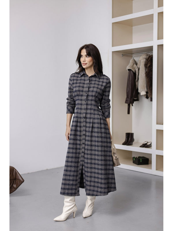 Vizon Lacivert Ekoseli Boydan Düğmeli Elbise 0745-Vizon